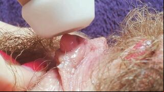 Big Clit Erection. MILF hairy pussy intense big clitor stimulation