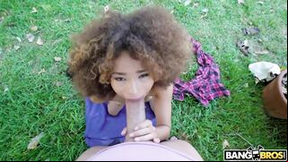 Married black girl gives a XXX blowjob to the white guy outdoors