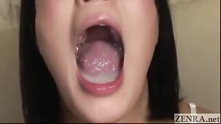Japanese girl got full mouth of cum and used it for gargling